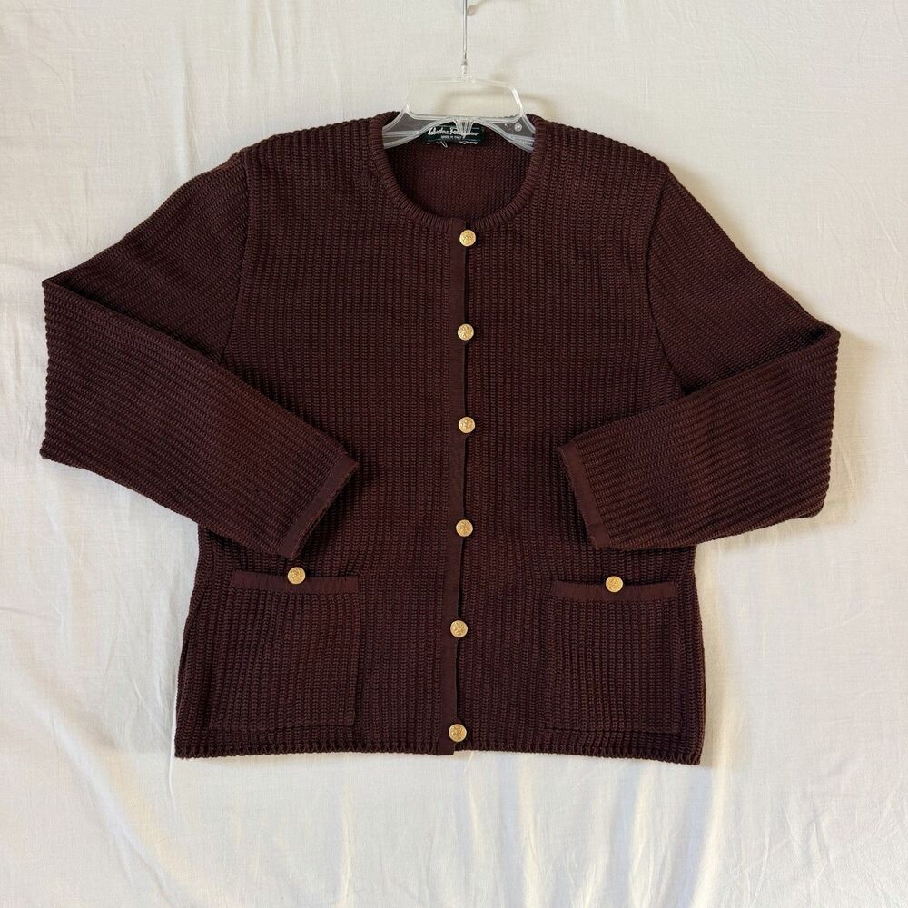Vintage Salvatore Ferragamo Cardigan Womens Brown Gold Buttons Italy Knit Pocket - Picture 4 of 16